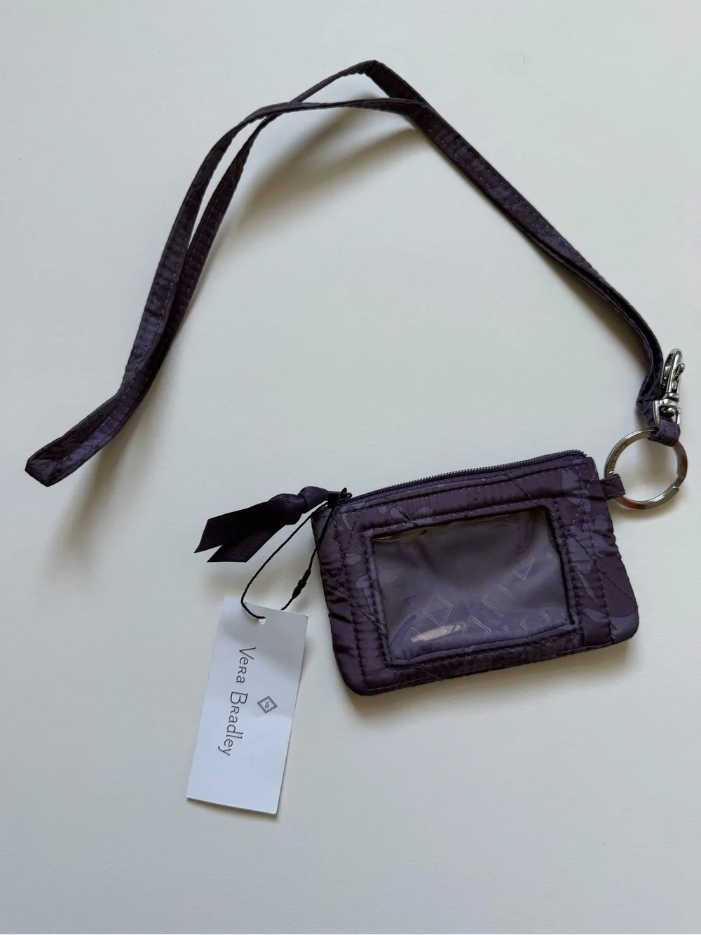 NWT Vera Bradley Zip ID Lanyard or Wristlet w/ Window Key Ring Purple Floral